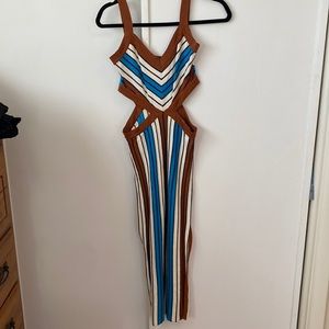 *Boutique* Knit Burnt Orange and Blue dress with Ivory lines.